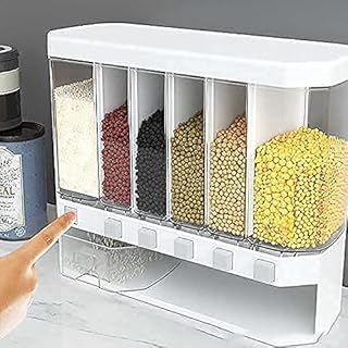 Daji Abs Plastic Cereal Dispenser Large Kitchen Wall-Mounted Dry Food Dispenser 6-Grid Cereal Dispensers Kitchen Food Storage Container Tank for Pulses, Cornflakes, Rice, Nuts, Transparent