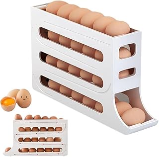 KRYSNAS Automatic Roll-Down Refrigerator Egg Holder – 4-Tier Egg Storage Box Holds Up to 30 Eggs, Space-Saving Rolling Fridge Organizer, Stackable Food Container for Kitchen Cabinet (White)