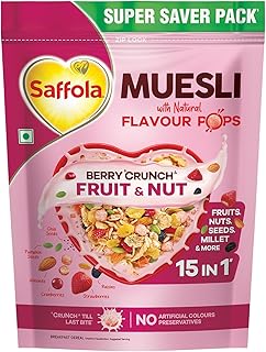 Saffola Muesli Fruit & Nut Berry Crunch with Flavour Pops, 700 gm | 15 in 1 Fruit and Nuts, Seeds, Millet & more | Cereals for breakfast rich in wholegrain, protein, fibre