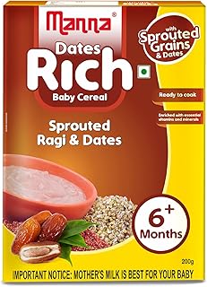 Manna Baby Cereal. No added sugar, baby food safe for 6 - 24 months, BIS Approved cereal based complimentary food, sprouted millets & pulses for easy digestion. Allergen Free. Sprouted Ragi & Dates 200g