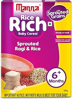 Manna Baby Cereal. No added sugar, baby food safe for 6-24 months, BIS Approved cereal based complimentary food, sprouted millets & pulses for easy digestion. Allergen Free. Sprouted Ragi & Rice 200g
