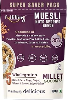 Fulfilling Muesli Fruit & Nuts - Nuts Berries Seeds | Pumpkin, Flax & Chia Seeds, Antioxidant Rich Cranberry, Rolled Oats + Millet Flakes | No Refined Sugar, Healthy Breakfast 700g