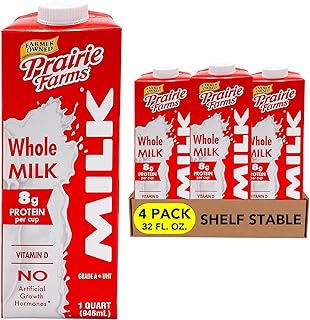 Prairie Farms Whole Milk, Shelf Stable, Boxed & Ultra Pasteurized (UHT), Vitamin D White Milk - Preservative and Hormone Free, Gluten Free, Kosher, Made in USA - 1 Quart (4 Pack)